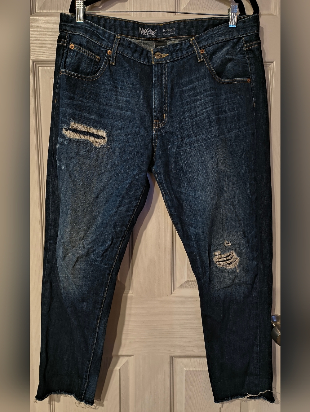 Mossimo Denim Sz 14 Distressed Dark Blue Boyfriend Jeans